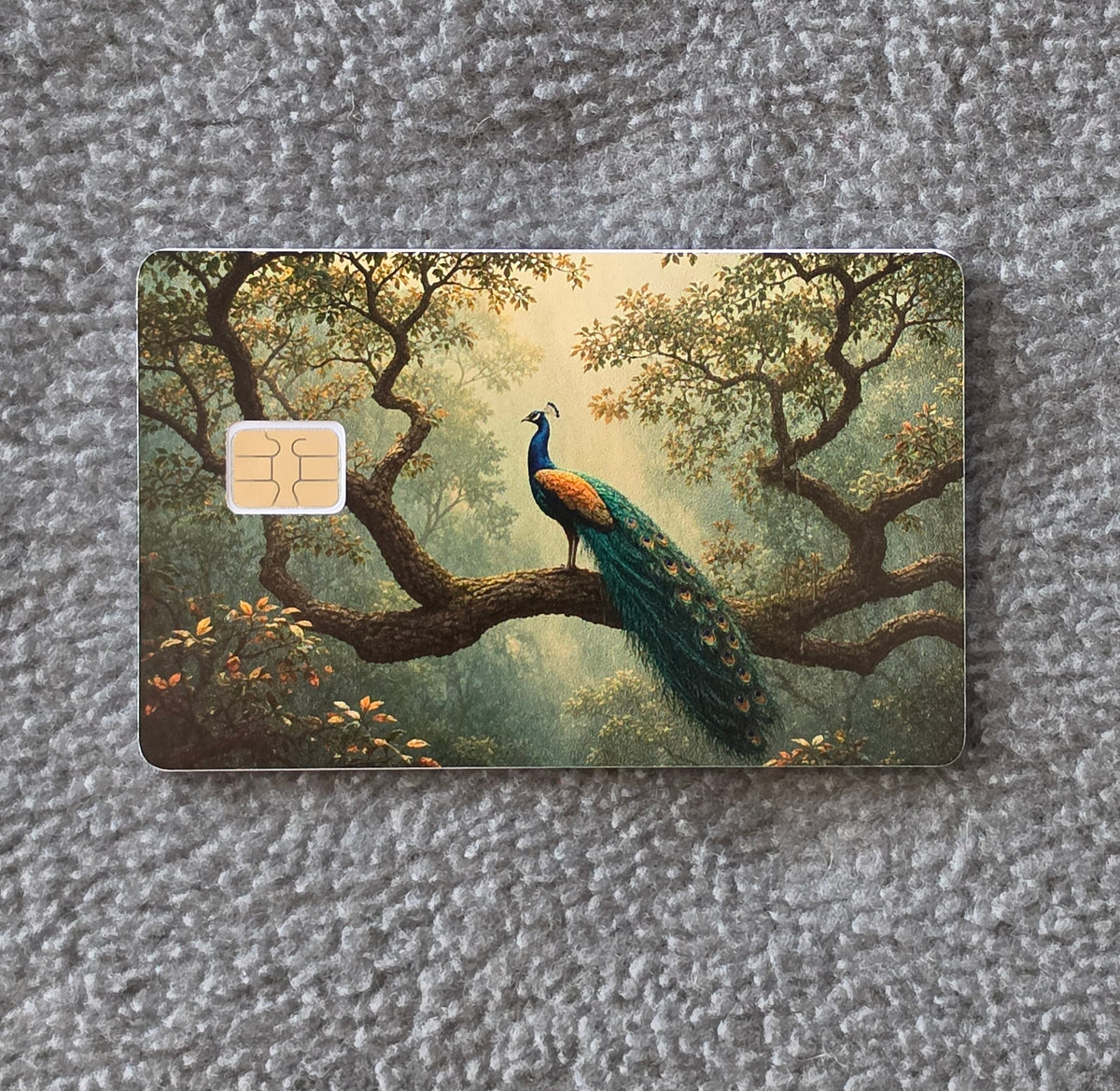 Perched Peacock Card Protector Sticker, Overlay, Decorative Only